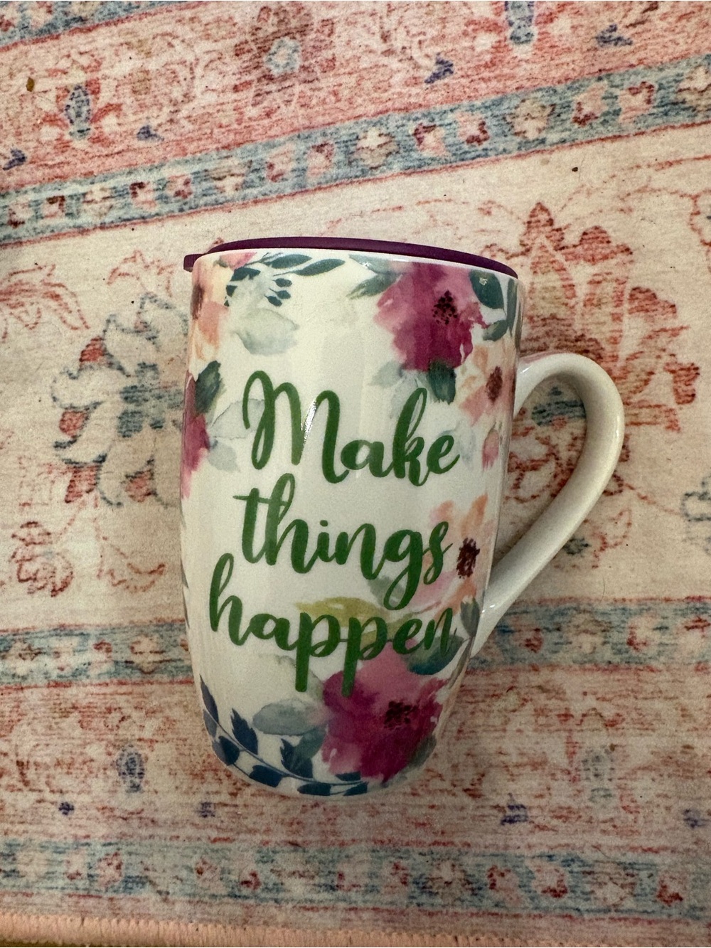 Make Things Happen Floral Ceramic Mug - White with Green Script